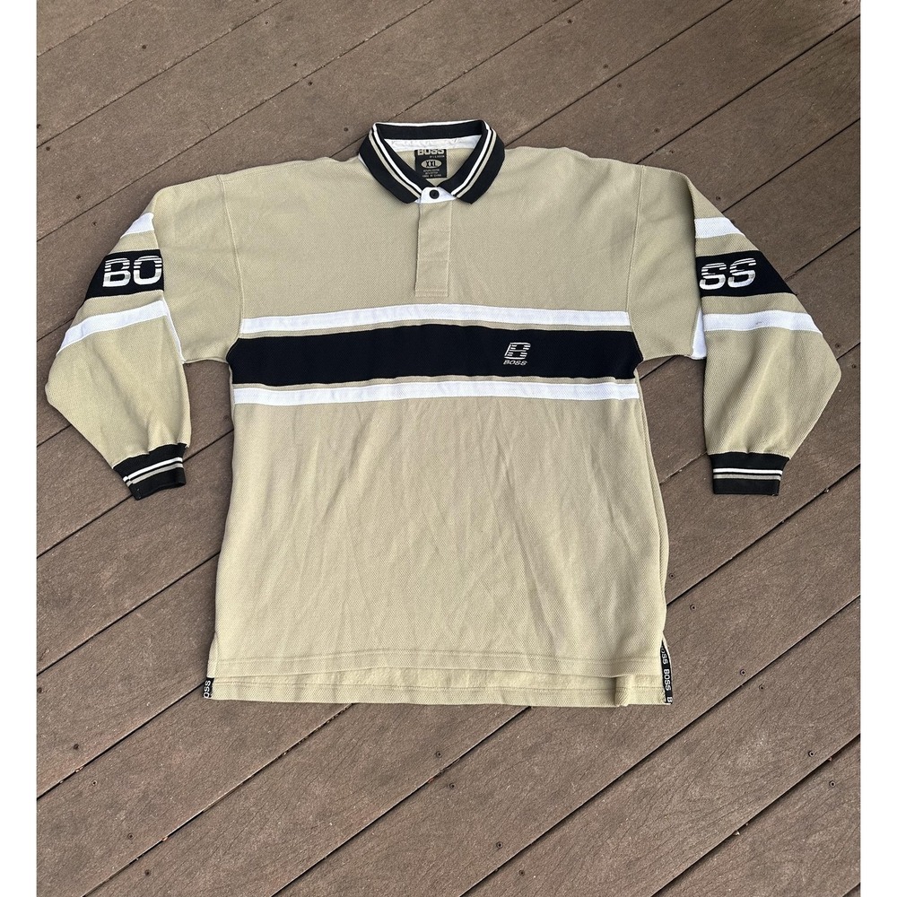Boss By I.G. Design Shirt Mens 2XL Beige Long Sleeve Rugby Polo Striped